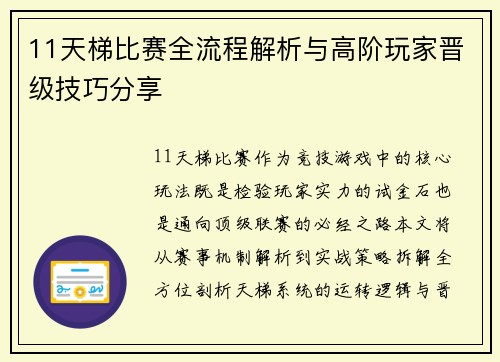 11天梯比赛全流程解析与高阶玩家晋级技巧分享